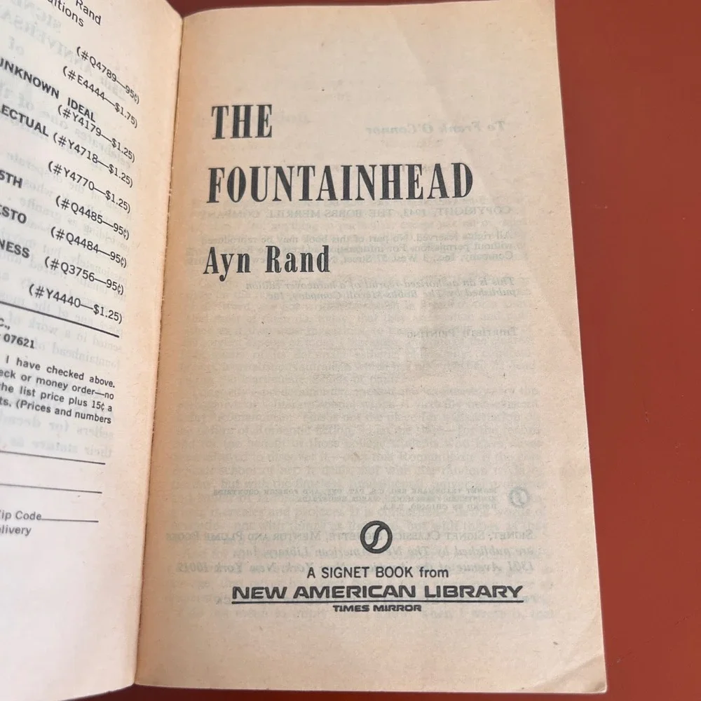 Ayn Rand The Fountainhead Vintage Signet Paperback 25th Anniversary W4406 1970s